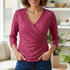 BISOU BISOU Y2K Pink Mesh Wrap Top Floral Lace Print 3/4 Sleeve Blouse Coquette